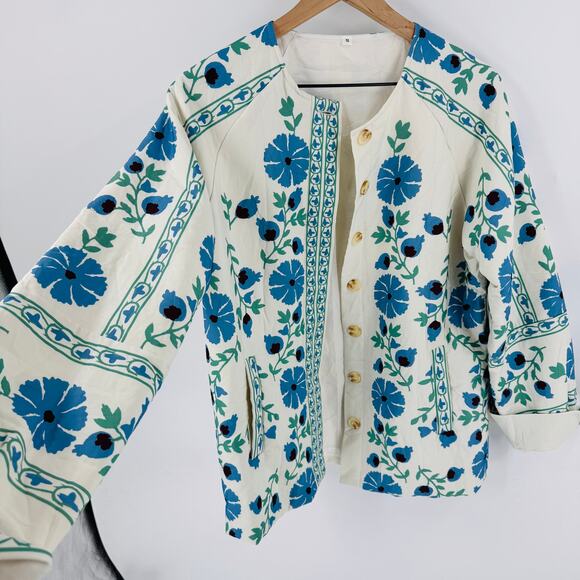 Floral Print Button Front Jacket Cream Blue Green Folk Art Style Size S - Picture 7 of 9